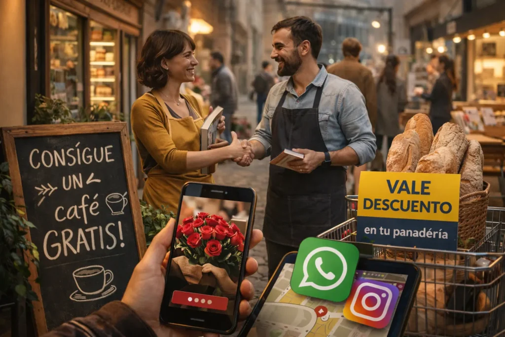 Dos dueños de negocios locales se dan la mano frente a sus tiendas mientras promocionan una colaboración con ofertas conjuntas visibles en carteles y en el móvil.