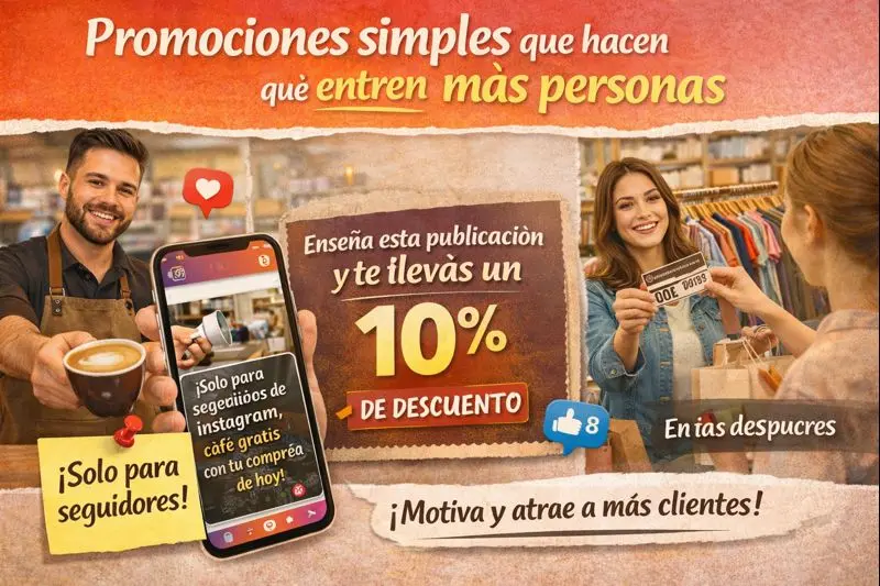Ilustración horizontal que muestra cómo las promociones simples en redes sociales atraen clientes a una tienda, incluyendo descuentos y café gratis para seguidores, con íconos de redes sociales y clientes felices.