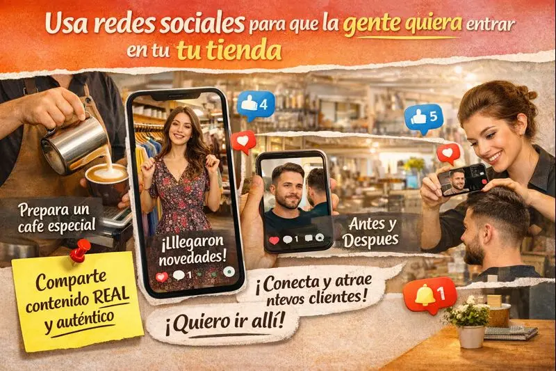 Ilustración que muestra cómo usar redes sociales para atraer clientes a negocios locales, incluyendo una cafetería, una tienda de ropa y una peluquería, con íconos de redes sociales y contenido auténtico que genera interés.