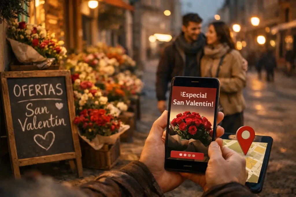 Persona mirando una oferta de San Valentín en su móvil frente a una floristería local iluminada al atardecer, con ramos de flores y una pareja acercándose al negocio.
