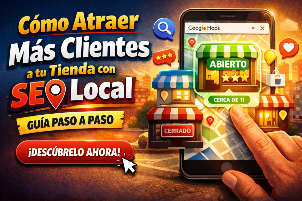 Ilustración de una tienda física destacada en Google Maps desde un móvil, mostrando cómo atraer clientes con SEO local